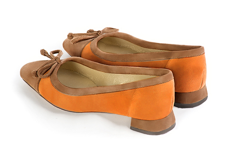 Camel beige and apricot orange women's ballet pumps, with low heels. Square toe. Flat flare heels. Rear view - Florence KOOIJMAN